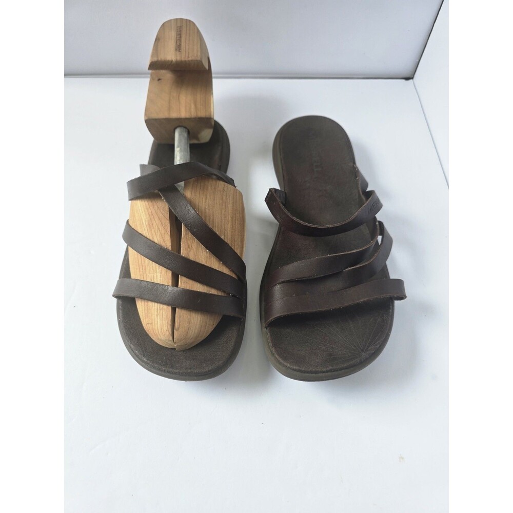Merrell Women’s Brown Leather Strappy Sandals Wood Look Size 8.